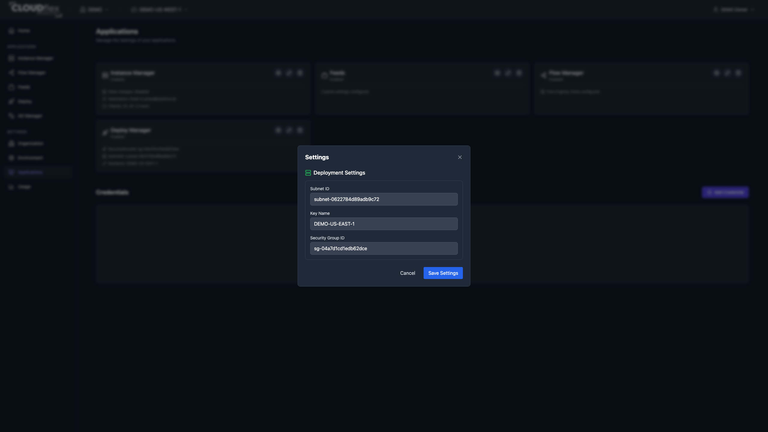 CLOUDflex Deploy Manager settings