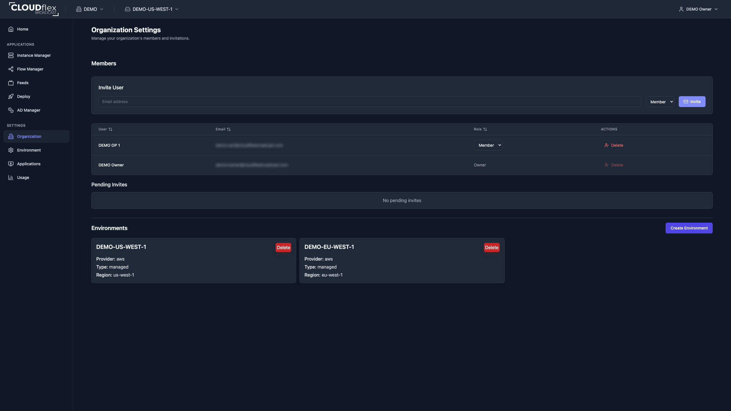 CLOUDflex Organization settings